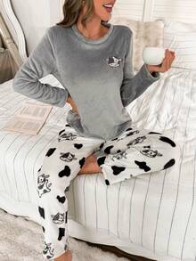 Flannel Patchwork Happy Cow Embroidery Top And Pants Fluffy Pajama Set, Warm, Fall Winter Clothes, Cozy - Grey - View 4