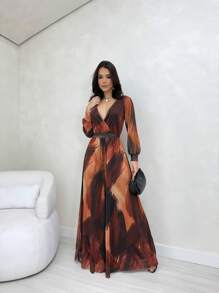 Macacao Feminino Acinturado Barra Larga Forrado Manga Longa