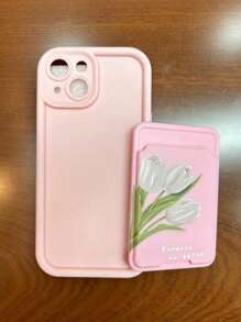 1 set tulpanmönstrat självhäftande korthållare och telefonskal, kompatibelt med 16, 11, 13, 15, 12, 14, 15, 16, Pro, Pro Max och Plus vattentätt stötsäkert falltåligt reptåligt - Rosa - Visa 4