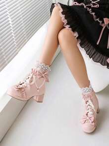 Women Cute Lolita Boots Chunky Mid Heel Ankle Boots With Bow Platform Lace Up Booties With Pearl - Hồng - Xem 4