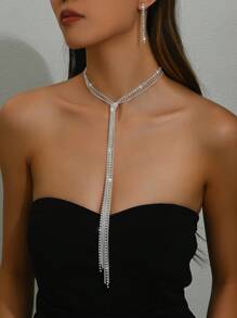 3pcs Set Minimalist Rhinestone & Crystal Tassel Y-Necklace & Earrings Jewelry Set, Suitable For Dress Matching