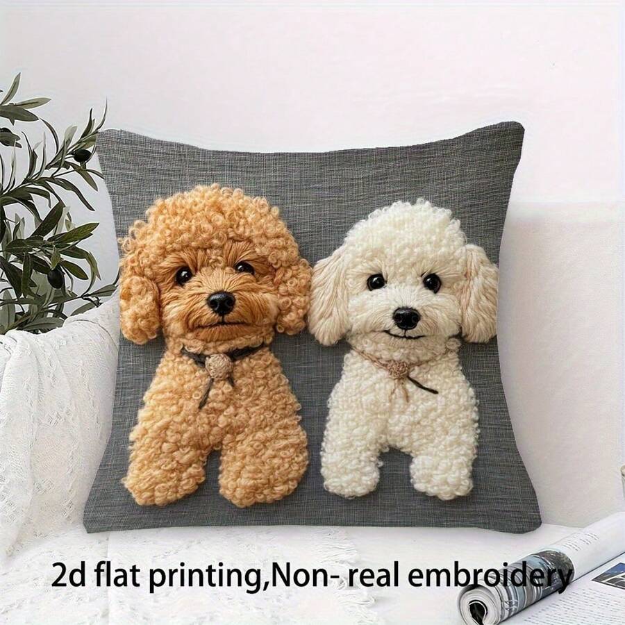 1pc Cute Poodle Decorative Pillow Cover, 2D Flat Printing Non-Flocked, Non-Traditional Short Flocked Single-Sided Printed Cushion Cover, Suitable For Bedroom, Living Room, Office, Sofa, Bed And Outdoor Patio, Zipper Closure, Pillow Insert Not Included, Machine Washable - Multicolor - View 1