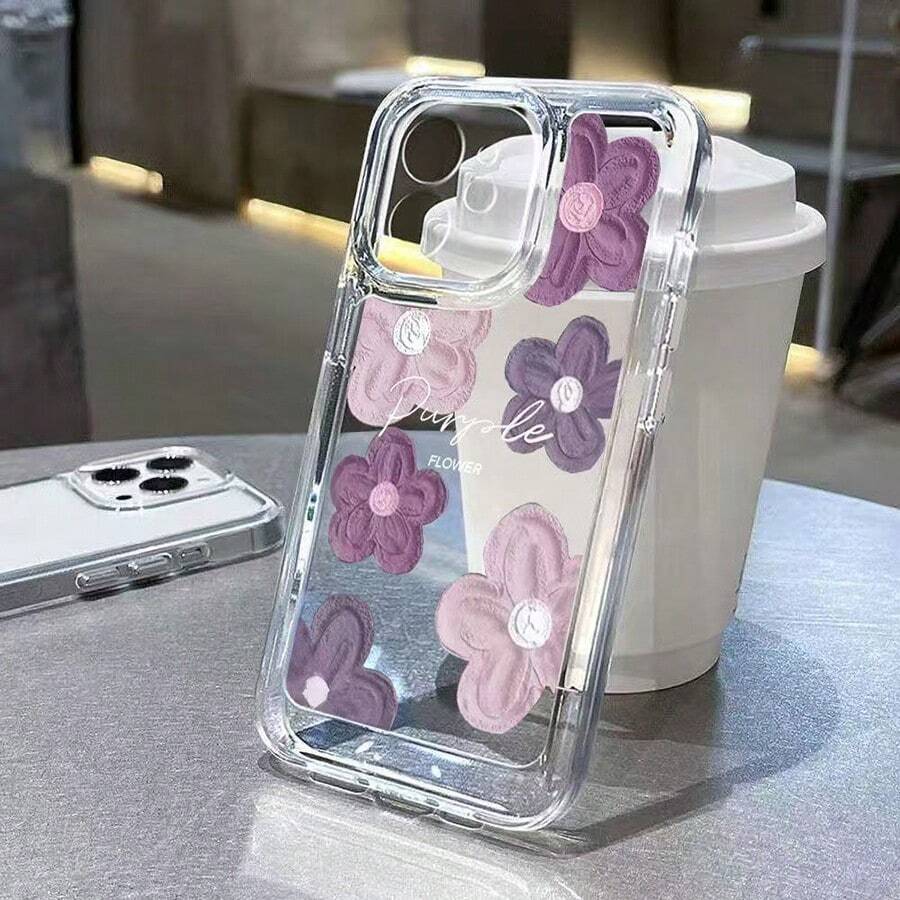 1 pieza Funda de teléfono con pintura al óleo de flor morada compatible con iPhone 17, 15 Pro Max, 14 Plus, 13, 12, 11, XS, XR, X, 7 y Series S21/S22/S23/S24/S25, A71, A51, A55 - Cobertura completa, diseño de moda, elegante, recortes precisos