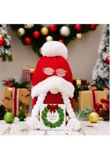 2pcs Christmas Decorations - Knitted Pom Pom Hat, Wooden Plaque Reindeer Figurine - Multicolor - View 10