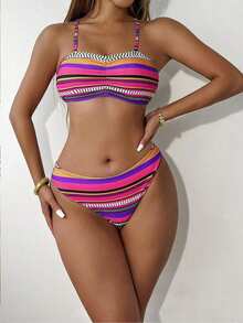 4 Pieces Fashion Geometric Print Ruffle Bikini Swimsuit Set, Bikini Swimsuit Set With Fringe Shorts And Multicolor Cover Up, Summer Beach Carnival, Women's Boho Chic Bikini Set - 紫色 - 查看 4