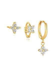 rakol 6pcs Set Elegant Shiny Copper Cubic Zirconia Four-Leaf Clover Hoop Earrings Set, Gift For Women - Style 11 - View 4