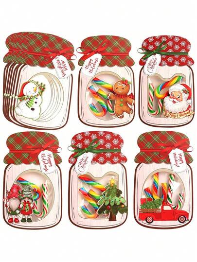 24 件节日圣诞梅森罐礼品卡夹，带糖果袋 - 卡通圣诞老人、雪人、姜饼人和树图案，塑料和纸质节日设计，适用于 DIY 节日礼物、课堂交换、生日派对和新年庆祝活动、圣诞装饰、圣诞装饰、圣诞睡衣、圣诞礼物、圣诞装饰