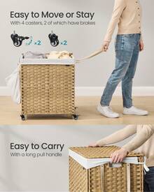 SONGMICS Laundry Hamper With Lid, 38.3 Gallons (145 L), Rolling Laundry Basket With Wheels, 2-Section Synthetic Rattan, Removable Liner, Bedroom, 21.7 X 15.7 X 26 Inches - 自然色 - 查看 4