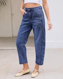 LookbookStore High Waisted Wide Leg Baggy Barrel Jeans Denim Jean Pantshalloween - 經典藍 - 查看 2