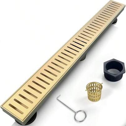24 Inch Linear Shower Drain Bathroom Kitchen Golden Floor Drain Removable Capsule Pattern Cover Accessories Shower Drain 304 Stainless Steel Drain With Hair Strainer Adjustable Leveling Feet