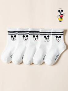 Disney 5双装儿童图案船袜，黑白条纹运动款，可爱卡通设计，时尚休闲舒适透气学生袜，适合日常穿着、返校季和节日礼物，袜子 - 白色 - 查看 4