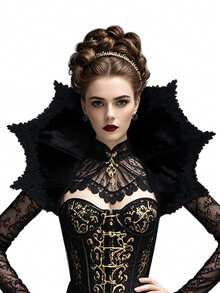 1pc Fashion Women Halloween Gothic Queen Stand Collar Cloak Witch Queen Velvet Skeleton Lace Stand Collar Cloak Costume Art Clothing Accessories, Polyester