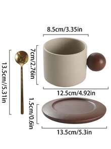 1pc Creative Minimalist Ceramic Coffee Cup & Saucer Set, With Wooden Ball Handle, Office & Casual Mug, Home Breakfast Cup, Latte Art Coffee Cup, Afternoon Tea Cup & Saucer, Practical Drinkware - Multicolor - View 14