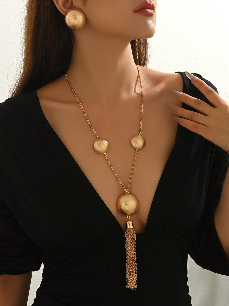 2 件简约百搭创意 Y 形项链和耳环套装，几何半球形圆形哑光金属链流苏吊坠项链和耳环套装，女士日常休闲派对首饰套装 - 金黃色 - 查看 1