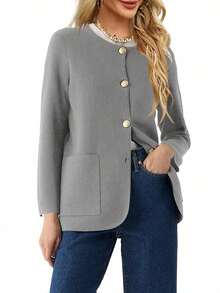 Women Crew Neck Button Down Cardigan Sweater Blazer Casual Long Sleeve Knit Solid Sweater With Pockets - 灰色 - 查看 1