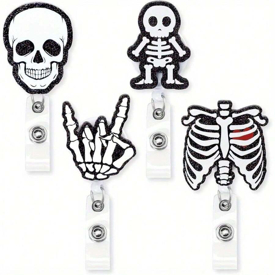 Xray Badge Reels 4PCS Acrylic Skeleton Retractable Badge Holder With Alligator Clip Glitter Rib Skull Patterns ID Badge Clips For Rad Tech Nurse Doctor Student Halloween Christmas Gift Idea - 4PCS - View 1