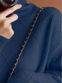 Plus Size Women Solid High Neck Long Sleeve Pullover Sweater, Autumn/Winter - Xanh đậm - Xem 2