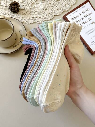 1/3/5/10双女士随机点纱纯色简约短袜，柔软舒适透气，时尚百搭，适合日常穿着、居家、办公、休闲、运动等，适合所有季节