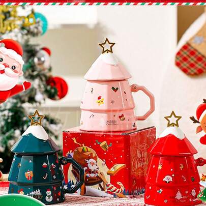 مجموعة أكواب سيراميك بتصميم شجرة الميلاد، أكواب كرتونية إبداعية، سعة كبيرة مع غطاء، أكواب قهوة وشاي، مناسبة للعائلات وحفلات عيد الميلاد، وخيار ممتاز لهدايا تذكارية في عيد الميلاد