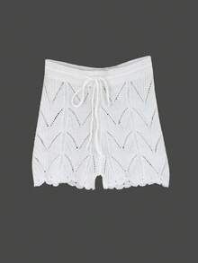 Quần short buộc dây ren dệt kim màu trơn cho nữ, trang phục đi nghỉ dưỡng bãi biển, mùa xuân/hè - trắng - Xem 3