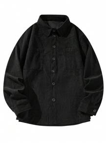 Men Long Sleeve Corduroy Old Money Shacket, Fall - Black - View 3