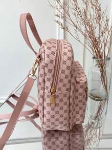 Women's Mini Printed Backpack, Faux Leather Material, Adjustable Shoulder Strap, Casual Zipper Shoulder Bag, Portable And Lightweight, Suitable For Teenagers, Women, College Students, For Outdoor, Travel, Hiking, Back To School, Work, Business, Commuting, Pink - Pink - View 5