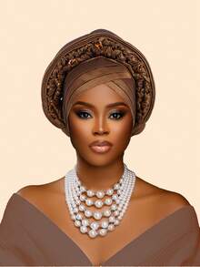 1件重工镶钻多层非洲尼日利亚婚礼头巾，适合婚礼、母亲节礼物、睡帽 - 彩色 - 查看 12