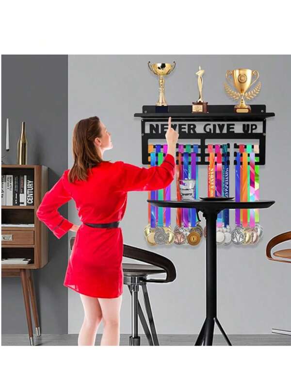 Medal Hanger Display And Trophy Rack With Hooks, Metal Wire Display Rack, "Never Give Up" Gymnastics, Football, Running Competition Medal