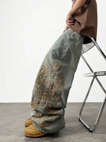 1pc Hearty Haven Men's American Fashion Embroidered Wide Leg Jeans, Casual Retro Washed Loose Long Pants (No Belt & Accessories) - Blue - View 4