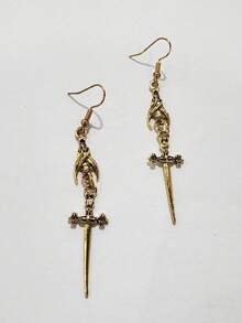 1雙哥特式吸血鬼蝙蝠&劍形狀合金耳環適合女士,日常穿著 - 復古銀色 - 查看 5