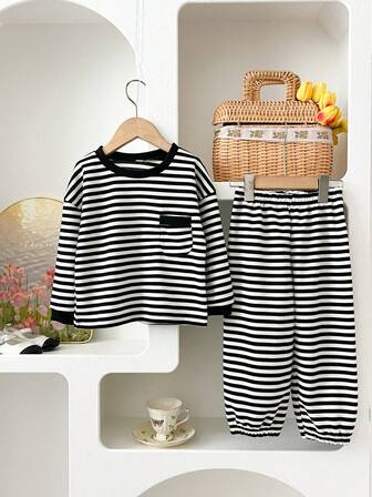 Humor Bear 2pcs Girls Loose Striped Pocket Long Sleeve Sweatshirt And Pants Set, Autumn