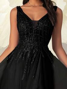 VIPGIRL Đầm dạ hội maxi đen cổ chữ V xẻ cao đính sequin xuyên thấu, đầm dự tiệc sang trọng thanh lịch dành cho nữ, đầm dự tiệc, đầm dài nữ, đầm maxi, đầm dạ hội, đầm dự đám cưới, đầm trang trọng mùa xuân - màu đen - Xem 8