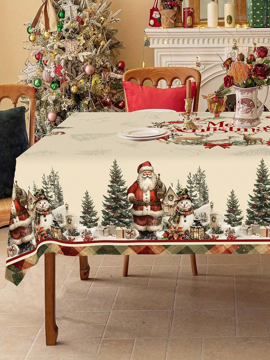 1pc Christmas Tablecloth, Vintage Santa Claus Snowman Christmas Tree Reindeer Pattern, 100% Polyester, Round/Rectangular, Holiday Kitchen Dining Table Decor, Christmas Party Decoration, Home Decor