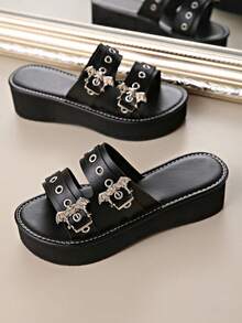 New Summer Plus Size Gothic Style Bat & Spider Rivet Decor Platform Sandals, Punk Millennium , Casual Outdoor Wear - Black - View 7