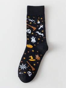 1/3 Pares de Meias Casuais Confortáveis de Meia-Cana com Estampa de Morcego e Fantasma de Halloween, Outono