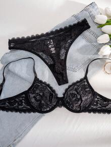 1 Set Women's Solid Color Lace Ruffled Rim Underwire Comfortable Bra Set - Black - View 3