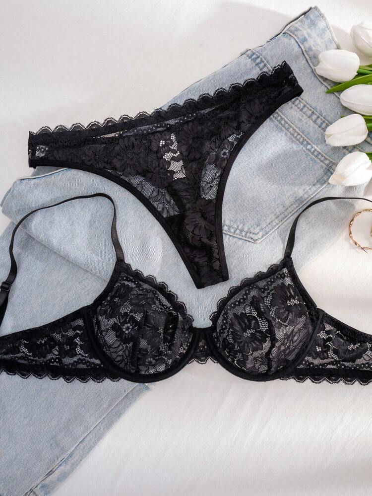 1 Conjunto de Sujetador y Ropa Interior de Mujer con Borde de Volantes de Encaje y Aros, unicolor y Cómodo - Negro - Añade 3