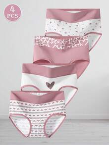 4-Piece Set Of Pink Hearts Underwear Women High Waist Comfort Ropa Interior De Mujer Autumn And Winter Seasons Cotton Underwear Women High Quality Panties For Women - 彩色 - 查看 3