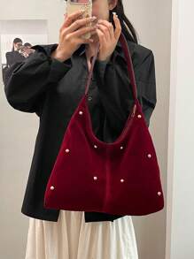 New Fashion Handbag, Sexy Girl Style Tote Bag, Rivet Bag, Ladies Commuter Personalized Velvet Crossbody Bag - Burgundy - View 5