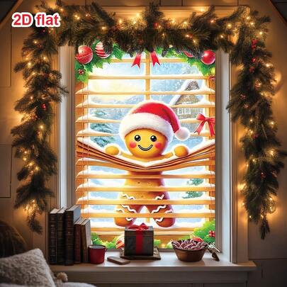 1pc Christmas Decoration Window Banner, Featuring A Gingerbread Man Wearing A Santa Hat, Peeking Through Blinds With A Cheerful Smile, Decorated With Christmas Ornaments, Holly Leaves, And Bows, Conveying The Whimsical And Joyful Spirit Of Christmas, 47.2x31.5 Inch Polyester Window Valance Decor Holiday Background Window Banner For Indoor Photo Display