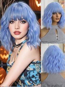 优雅时尚女士假发，14 英寸皇家蓝色耐热合成假发，节日旅行、派对、角色扮演演员假发，日常音乐节、万圣节必备假发 - 寶藍色 - 查看 2