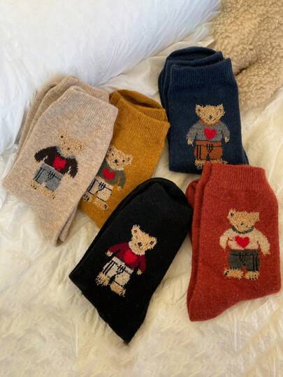 Șosete pentru femei cu ursuleți drăguți de desene animate, până la jumătatea gambei, șosete calde dulci în culori retro, toamnă