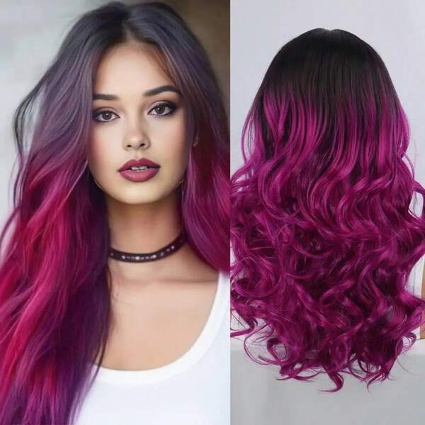 Peluca de fibra sintética resistente al calor para damas - Cabello rizado y ondulado de 20 pulgadas de largo con degradado de púrpura a rojo, rizos naturales, perfecta para fiestas de rol y vida diaria - Adecuada para todos los tonos de piel clara, cómoda visera color rosa