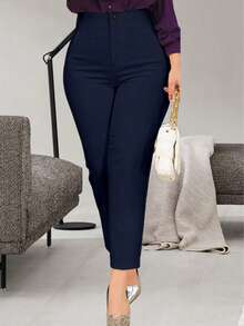 Pantalones casuales de unicolor con ajuste ceñido para mujer de talla grande, adecuados para ir al trabajo y uso diario en primavera - Azul Marino - Ver 2