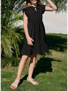 Girls Dresses Ruffle Trim Sleeveless V Neck Casual A-Line Flowy Dress With Pockets - 粉色 - 查看 11