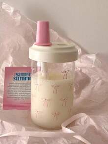 1pc Minimalist Pink Bow 850ml Capacity Water Bottle, Pearl Milk Tea Summer Cup, Portable High-Value Niche Large Capacity Thick Straw Plastic Cup, Suitable For Girls And Students