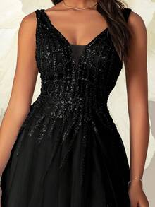 VIPGIRL Đầm dạ hội maxi đen cổ chữ V xẻ cao đính sequin xuyên thấu, đầm dự tiệc sang trọng thanh lịch dành cho nữ, đầm dự tiệc, đầm dài nữ, đầm maxi, đầm dạ hội, đầm dự đám cưới, đầm trang trọng mùa xuân - màu đen - Xem 10