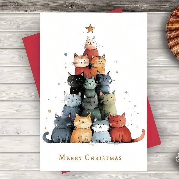 1PC Merry Christmas Cat Greeting Card - Festive Feline Design With Star & Snowflakes, High-Quality Holiday Card For Cat Lovers, Pet Owners, Family & Friends - Ideal For Anyone, Festive Holiday Card|Playful Cat Design