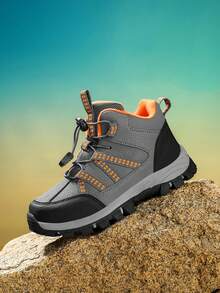 Children's Hiking Shoes, Mid-Top Leather Outdoor Sports Shoes, Non-Slip Wear-Resistant Running Shoes, Adjustable Hook And Loop, Warm For Winter