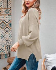 Saodimallsu Womens Fall Oversized Tunic Sweaters Slouchy Long Sleeve Ribbed Knit Side Slit Pullover Jumper - Beige - View 2